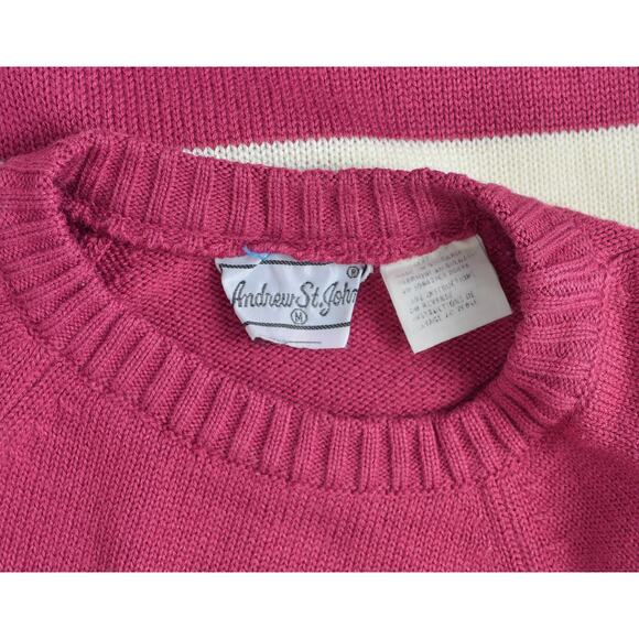 Vintage 80s Striped White Raspberry Acrylic Raglan Sleeve Sweater with Pocket - Picture 8 of 8